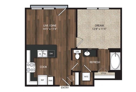 Floor plan for 1 bed, 1 bath, 632 sqft